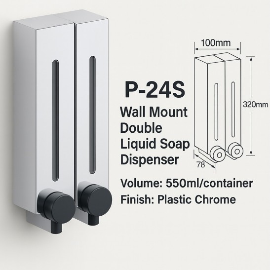Peco Wall Mount Double Liquid Soap Dispenser 550mlx2 (Chrome Plated Finish)