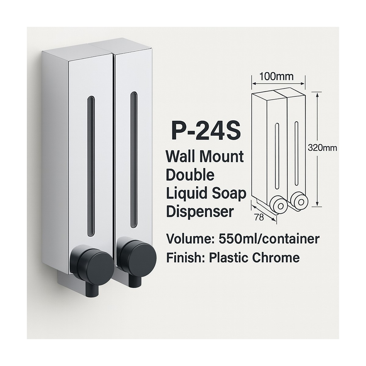 Peco Wall Mount Double Liquid Soap Dispenser 550mlx2 (Chrome Plated Finish)