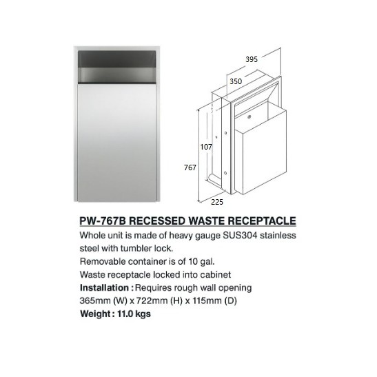 Peco Recessed Waste Receptacle PW-767B