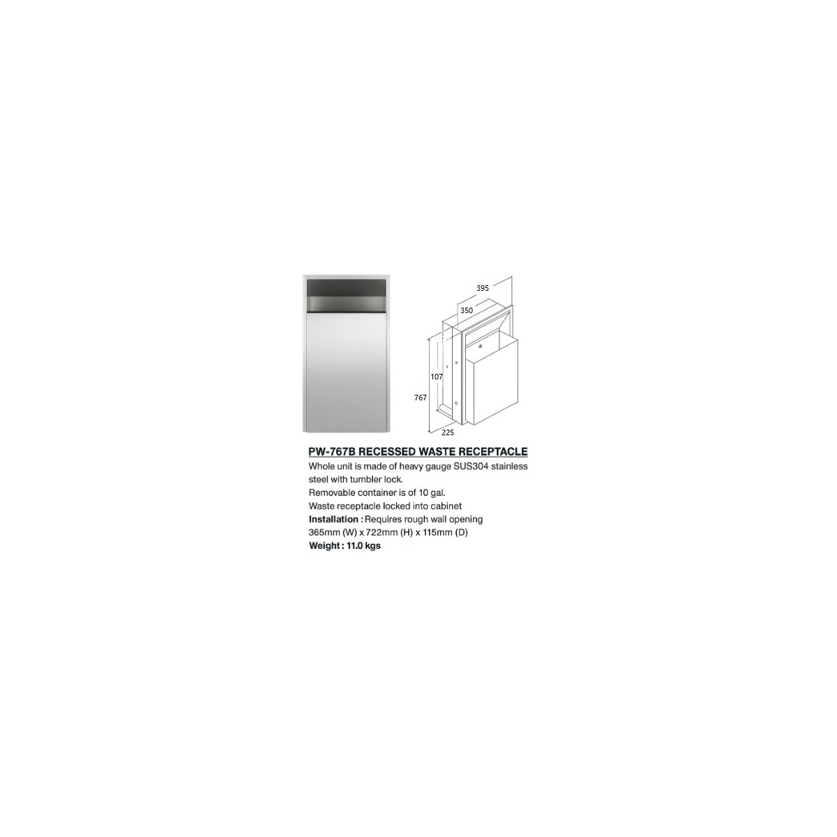 Peco Recessed Waste Receptacle PW-767B